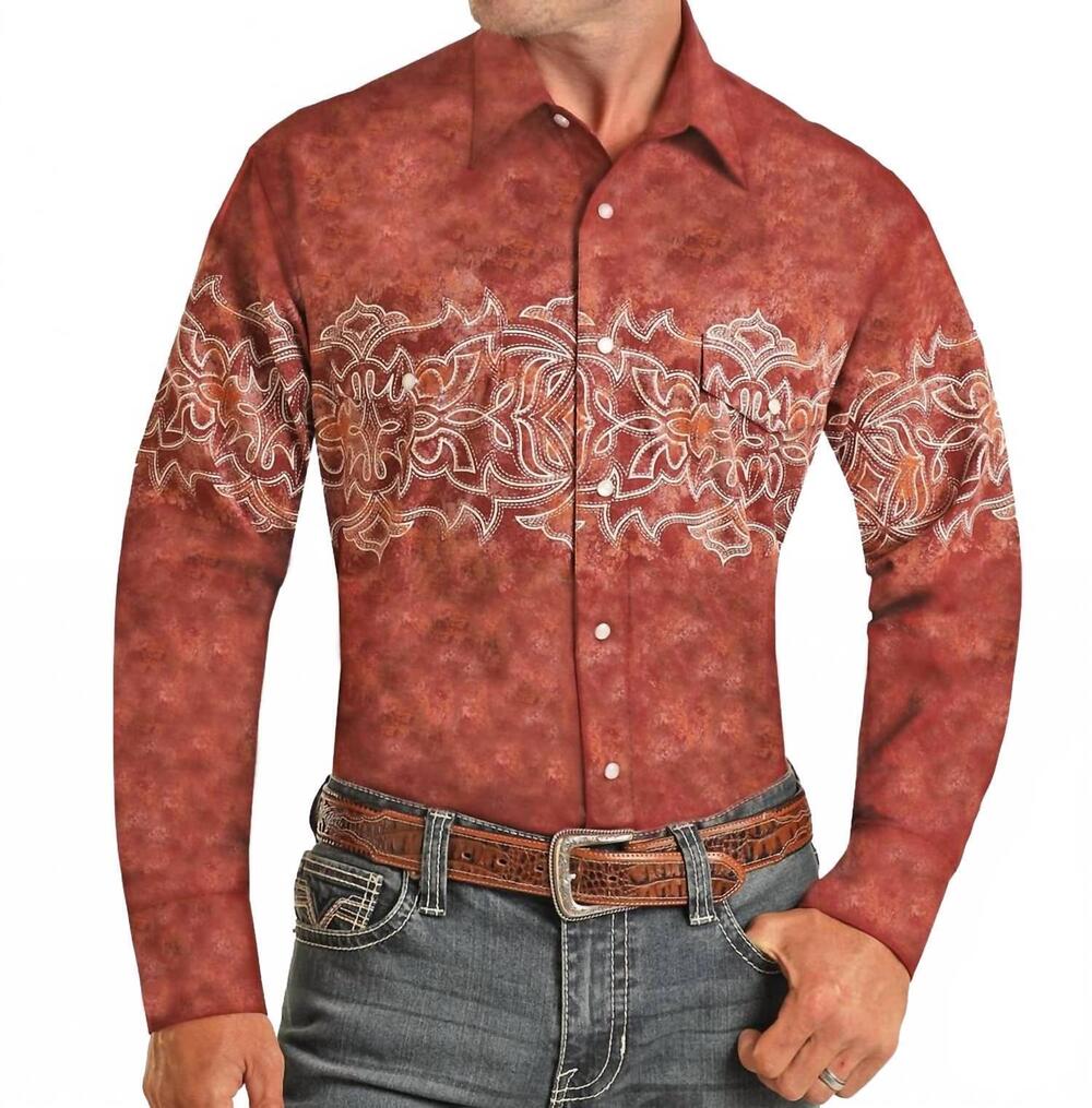 NEW PANHANDLE men's boot stitch border shirt in rust
